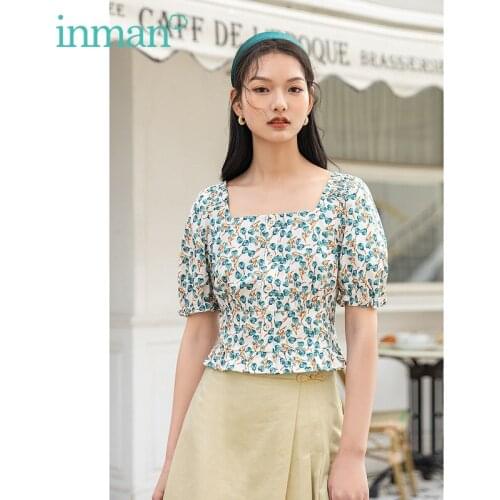 INMAN Summer Womens Tunic Top French Pastoral Waist Clavicle Slim Square Collar Flower Edge Cuff Ruffled Hem Cotton Lady Blouse