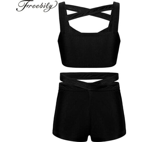 Kids Girls Solid Color Strappy Cross Front Sleeveless Tank Top Dance Shorts Workout Fitness Gym Yoga Set Sports Suits Activewear