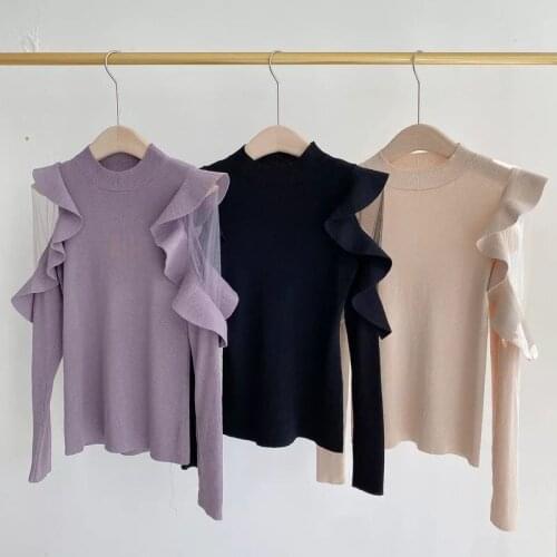 Elegant Chic Ruffles Patchwork Flying Sleeve Slim Fit Pullovers O Neck Voile Knit Sweater Women Spring 2021 New Casual Tops