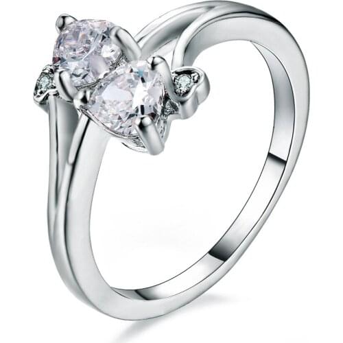 Hainon Fashion Double Heart Clear White CZ Ring Silver Color Wedding Bands AAA Crystal Jewelry Women Accessories Engagement Ring