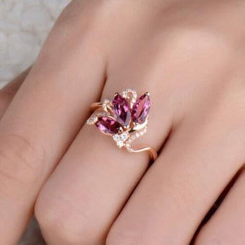 2021 New Luxury Adjustable Rose Gold Ring Set For Women Fashion Statement Bride Female Jewelry Red Zircon Party Birthstone Gifts