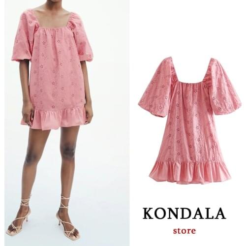 KONDALA Za Women Chic Pink Sweet Dress Ruffles Hollow Out Short Puff Sleeve Mini Dresses Female Vintage Fashion 2021 Vestidos