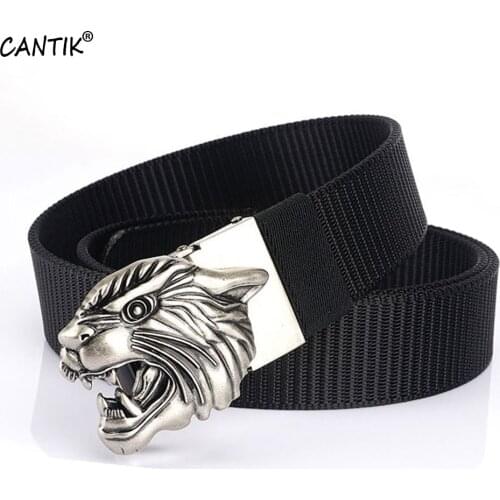 CANTIK Unique Lion Head Pattern Automatic Buckle Slivery Metal Quality Black Nylon & Canvas Belts Men Jeans Accessories CBCA264