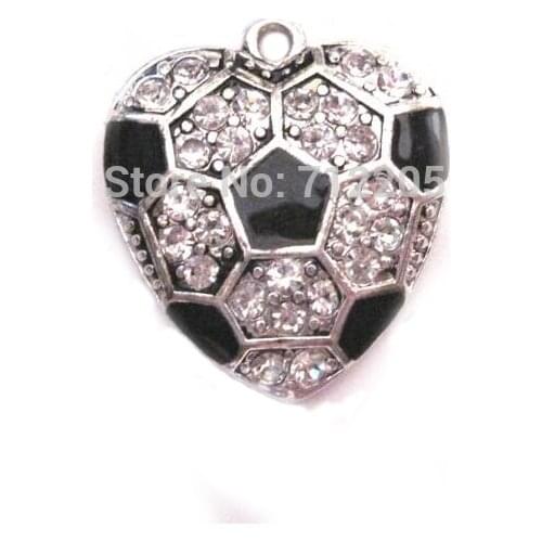 New 100pcs a lot antique silver color zinc studded with sparkling crystals Soccer Crystal Heart Pendant