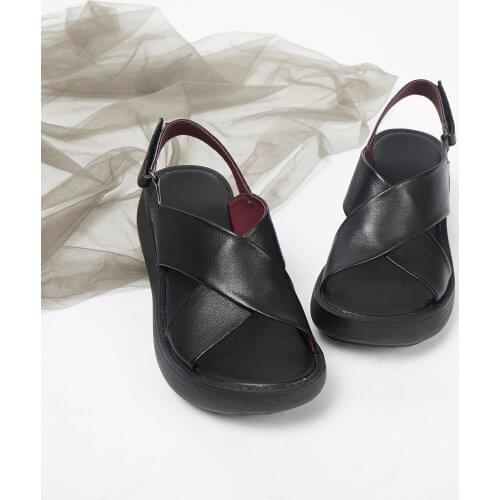 2019 summer new fish mouth sandals thick bottom wedge with Roman toe layer leather back sandals