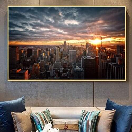 Landscape New York Skline of Manhattan City Sunset View Canvas Paintings Posters and Prints Wall Art Pictures for Living Room