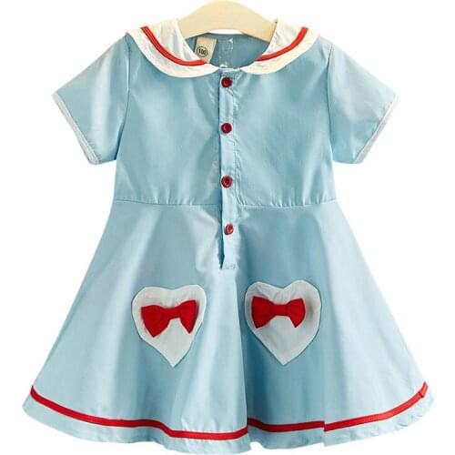 Girls Dresses 2020 Summer New Childrens Wear Navy Style Striped Bow Pocket Lapels Cotton Girls Dress