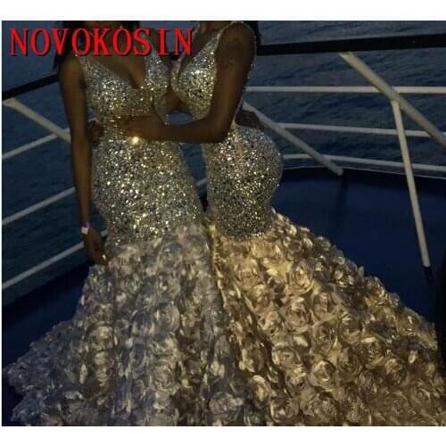 Real Sample Mermaid Long Beaded Crystal Sequin Formal Prom Dresses Vestidos De Fiesta 2020 3D Flowers Deep V Neck Evening Gowns