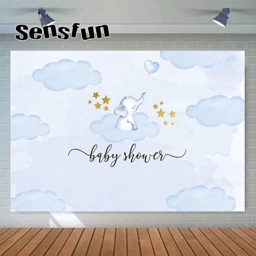 Light Blue Baby Elephant Boy Baby Shower Backdrop For Photography Cloud Stars Newborn 1st Birthday Party Background Customized