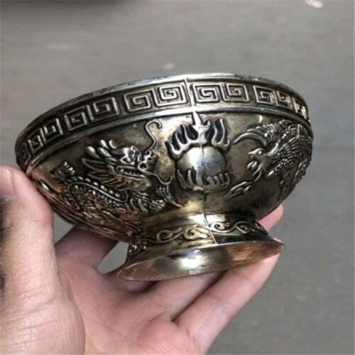 Tibet Antique Copper Bowl Tea Bowl White Copper Carving Dragon and Phoenix Collection Ornaments Decoration Crafts Sculpture Gift