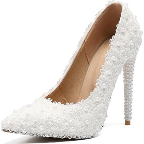 Women Thin High Heels Stiletto Pumps Bridal Wedding Shoes Women Lace Slip On 11CM Pointed Toe Dress Office & Career Party Flower