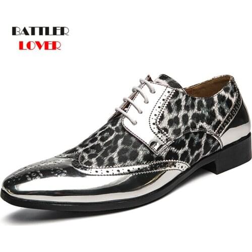 Patent Leather Leopard Dress Shoes For Men Pointed Toe Wedding Oxfords Male Fashion Formal Shoes Business Party Prom Footwear