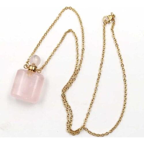 YJXP Rectangle Shape Perfume Bottle Pendant Necklace Natural Crystal Rose Quartzs Essential Oil Aromatherapy Lady Charms Jewelry