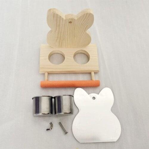 Parrots Mirror Play Stand Platform Birds Wooden Toys Food Container Perch Playgym with Stainless Steel Feeder Cups Bowls