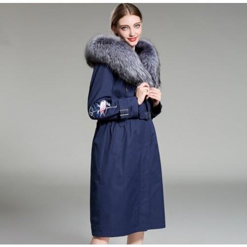 2020 Winter Jacket Women Long Parka Real Coat Big Raccoon Fur Collar Hood Embroidery Parkas Natural Rabbit Lined Outerwear
