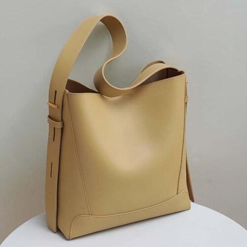 Simple Style Bucket for Women Luxury Genuine Leather Shoulder Bag Beige Female Purses Elegant Office Tote Bag Cowhide Bag 2021