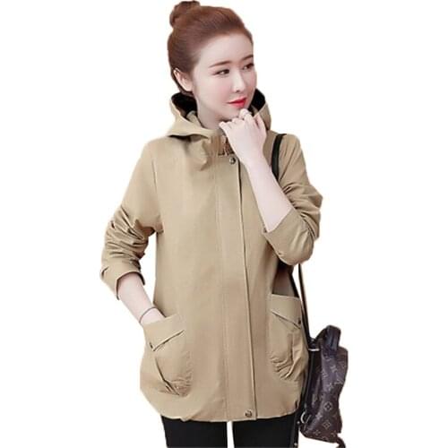 Womens Windbreaker 2020 Spring Autumn Casual Jacket Solid Color Middle-Aged Womens Hooded Zipper Cotton Loose Coat Tops K136