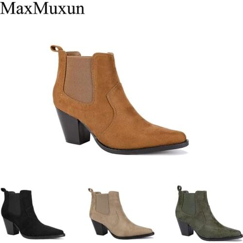 MaxMuxun Women Shoes Pointed Toe Ankle Boots Block Heel Booties Stylish Party Heel Chelsea Boots