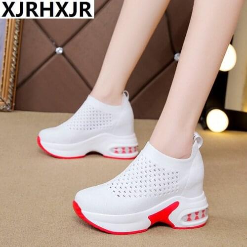 New 2020 Breathable Women Socks Shoes Summer Comfortable Sneakers 8CM Wedge Heels Autumn Ankle Boots Platform White Mesh Shoes