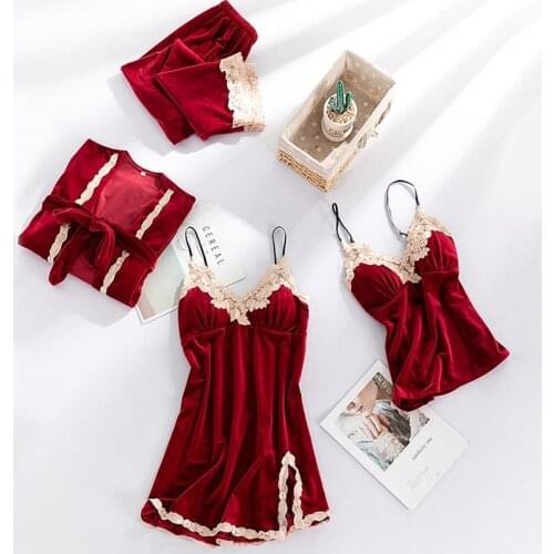 Women New Velvet 3PCS Lace Sleepwear Set Autumn Pajama Suit Sexy Floral Trim Nightwear Bride Wedding Robe Intimate Lingerie