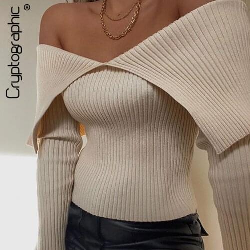 Cryptographic Chic Fashion Off Shoulder Ribbed Knitted Womens Top Fall Winter Long Sleeve Cropped Top Slim Streetwear Clothing