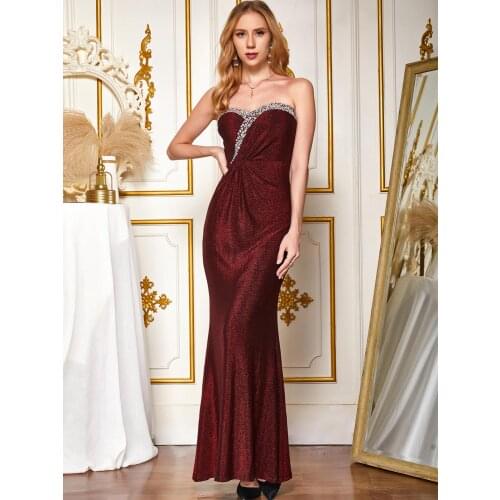 Angel-fashions Strapless Beading Pleated Wine Red Mermaid Prom Dress Long 523