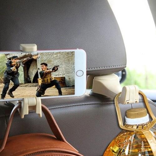 2 in 1 Car Headrest Hook with Phone Holder Seat Back Hanger for Bag Handbag Purse Grocery Cloth Foldble Clips