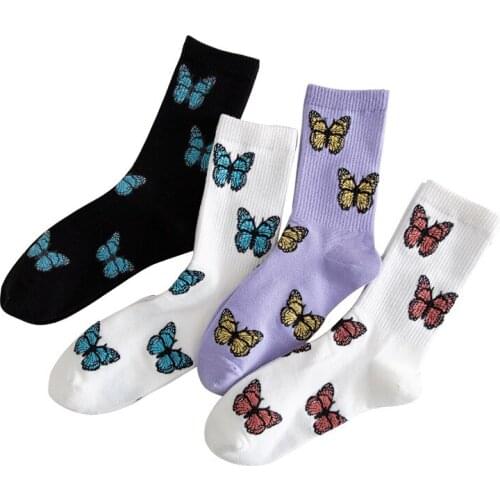 4 Pairs/lot Autumn Summer New Butterfly Jacquard Socks Cotton Socks For Women Girls Fashion Sox White Socks