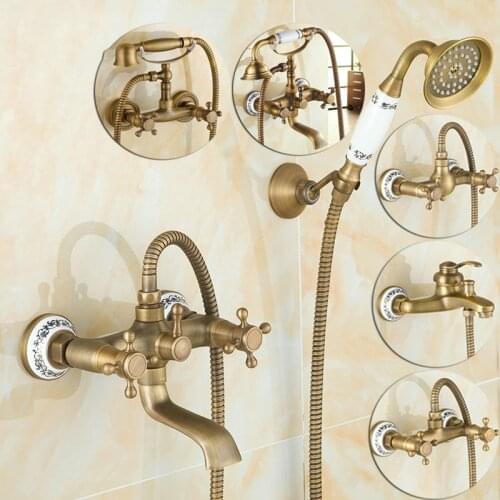 Antique Brushed Brass Bath Faucets Wall Mounted Bathroom Basin Mixer Tap Crane With Hand Shower Head Bath & Shower Faucet