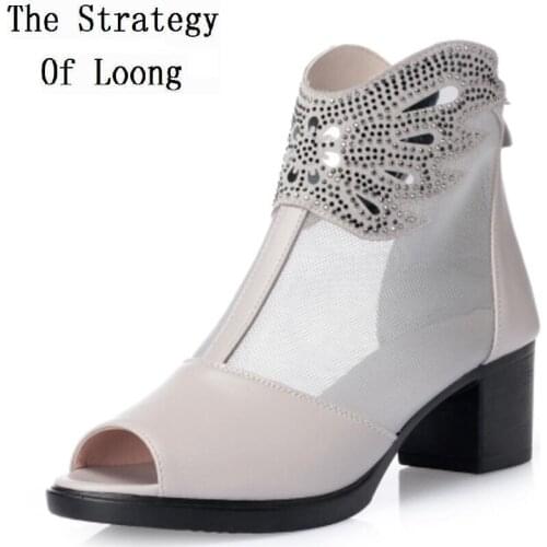 Summer female cool boots genuine leather open toe shoe gauze lace female net boots plus size thick heel shoes slip-resistant