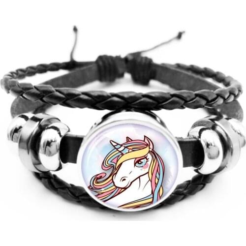 2020Cute Anime Cartoon Bracelet Glass Cabochon Black Leather Snap Buckle Unicorn Childrens Bracelet Men and Women Jewelry Gifts