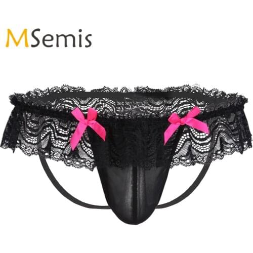Black Mens Lingerie See Through Underwear Mesh Lace Bowknot Panties Open Butt Jockstrap Bikini Briefs Underpants