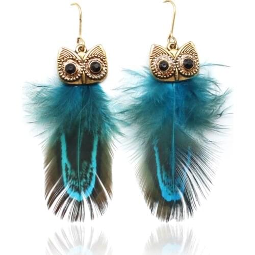 Long feather earrings Owl Feather pendant Personality Boho Animal Drop earrings For women Bohemian Ear Jewelry 2 colors