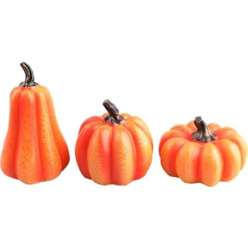 E56C Halloween Small Artificial Lifelike Pumpkin with Warm LED Light Fall Harvest Mini Resin Statue Lamp 3D Decoration Home