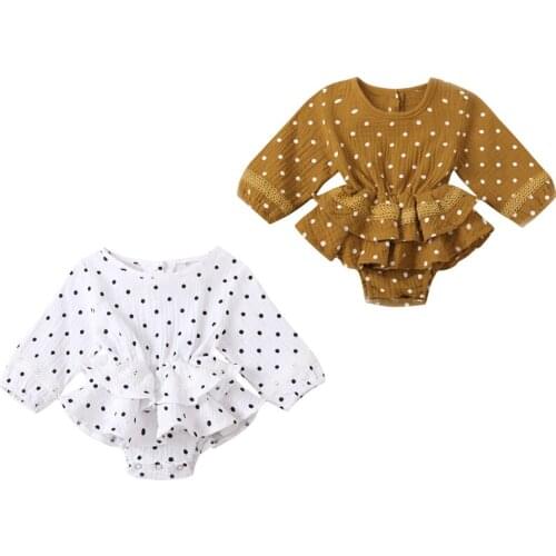FOCUSNORM 0-24M Newborn Baby Girls Lovely Bodysuits Polka Dot Print Ruffles Long Sleeve Jumpsuits 2 Colors