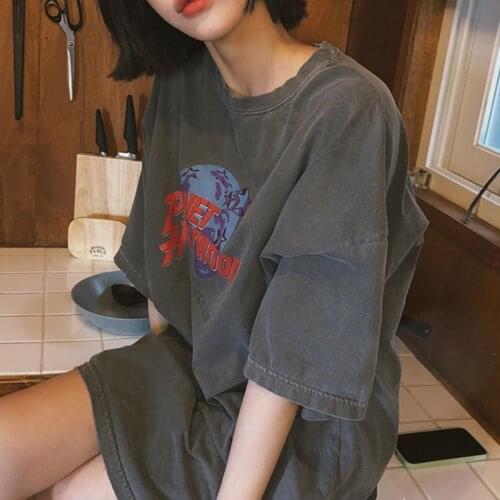 Letter Graphic Loose Tee Shirt Women Summer O Neck Short Sleeve Cotton Cozy T Shirt Vintage Casual Oversize TShirt Tops 2021