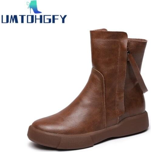 Genuel Leather Womens British Style Martin Boots Female Autumn Winter Zipper Flat Ankle Shoes Non-slip Soft Velvet Warm Snug