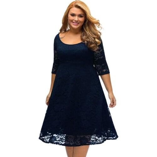 Plus Size 3XL 4XL 5XL Lace Dress Floral Waist V Zipper Back Women A-Line Gowns Elegant Ladies Knee-Length Party Dresses female