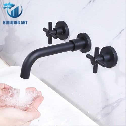 Brushed Gold Dual Handle Wall Mounted Bathroom Faucets Sink Faucet Hot Cold Water Taps Basin Mixer Matte Black Water Crane Taps