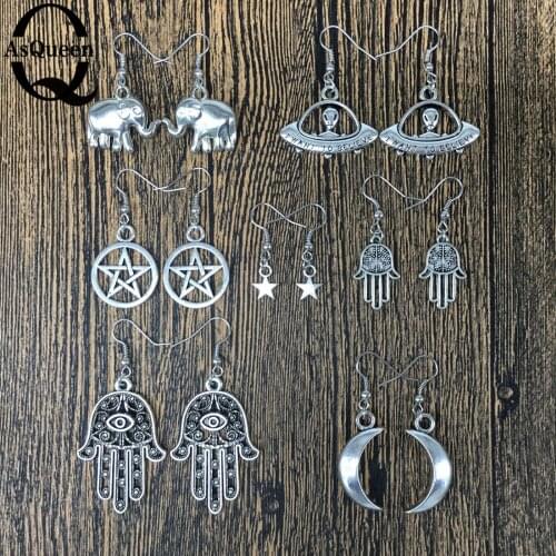 New 1pair fashion girls women brincos Silver plated elephant star hands moon ufo earrings jewelry punk dangle earings