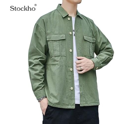 Mens Autumn Long-Sleeved Shirt 2021 Mens Fashion Cotton Shirt Commuter Jacket Casual Jacket Tops Solid Color Pockets 18-35Y