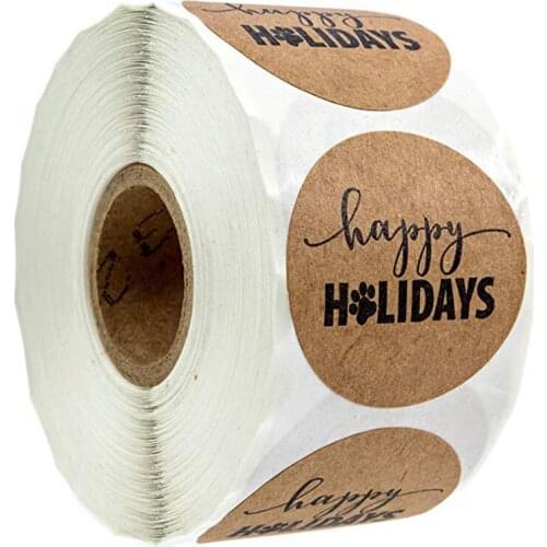 Free Shipping - 2.5CM Round Natural Kraft Handmade with "HAPPY HOLIDAYS" Stickers, 500 Labels Per Roll