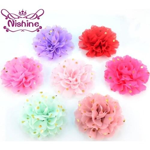 Nishine 30pcs/lot New 4" Large Gold Polka Dotted Fabric Chiffon Flower Flat Back For Headband Hairpins Floral Hair Embellishment