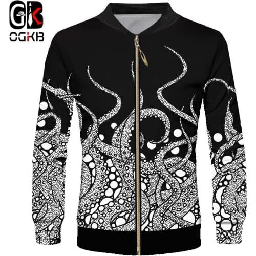 OGKB Anime 3d Cool Printed Tentacle Octopus Jackets Funny Harajuku Hiphop Marine Animal Black Long Sleeve Sweatshirt Windbreaker