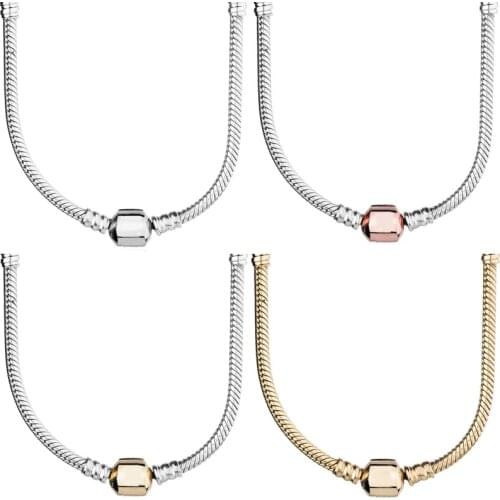 Original Golden & Silver Lobster Barrel Clasp Snake Chain Necklace For 925 Sterling Silver Bead Charm Europe DIY Jewelry