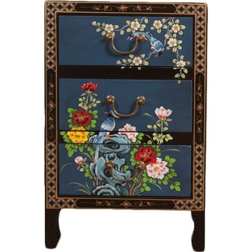 TT Hand-Painted Bedside Table New Chinese Classical Antique Reproduction Furniture Camphor Wood Blue Hand-Painted Three-Bucket