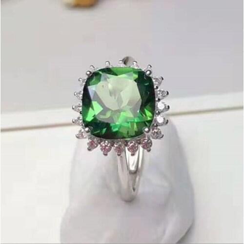 925 Silver Plated 18K Gold 10x10mm Natural Green Topaz Open Adjustable Ring