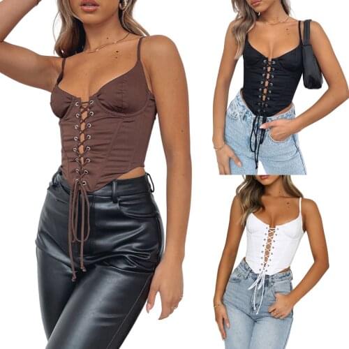 Sexy Women Polyester Close-fitting Camisole with Bandage Design Solid Color Deep V-neck Tanks Black/ White/ Brown