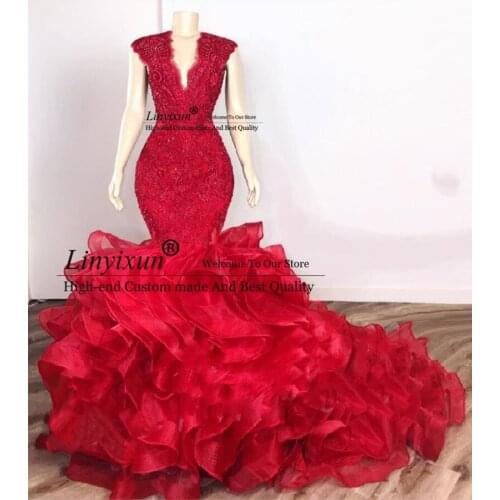 Dark Red Cascading Ruffles Formal Prom Dresses 2020 Fashion Lace Beaded Organza V-neck Mermaid Sweep Train Evening Gowns