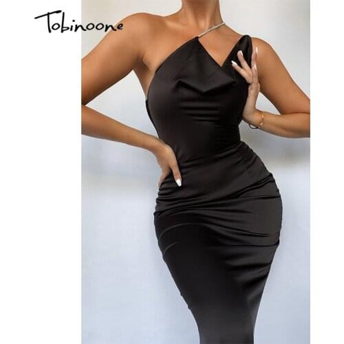 Tobinoone Asymmetrical Neck Diamonds Party Long Satin Dress Women Backless Sexy Dresses Female Elegant Night Club Wear Vintage